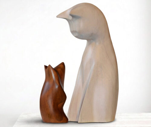 Escultura de madera gato y ratón